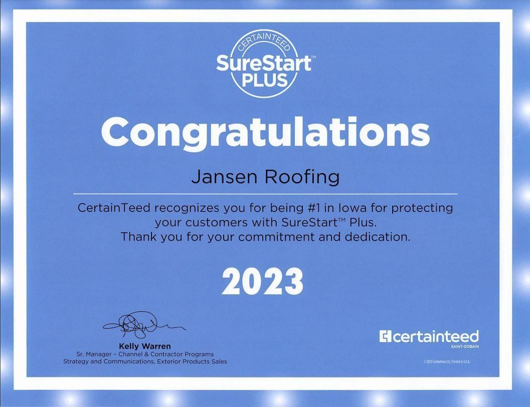Certificate for Jansen Roofing, awarded for commitment to SureStart Plus in 2023. Blue background with white text.