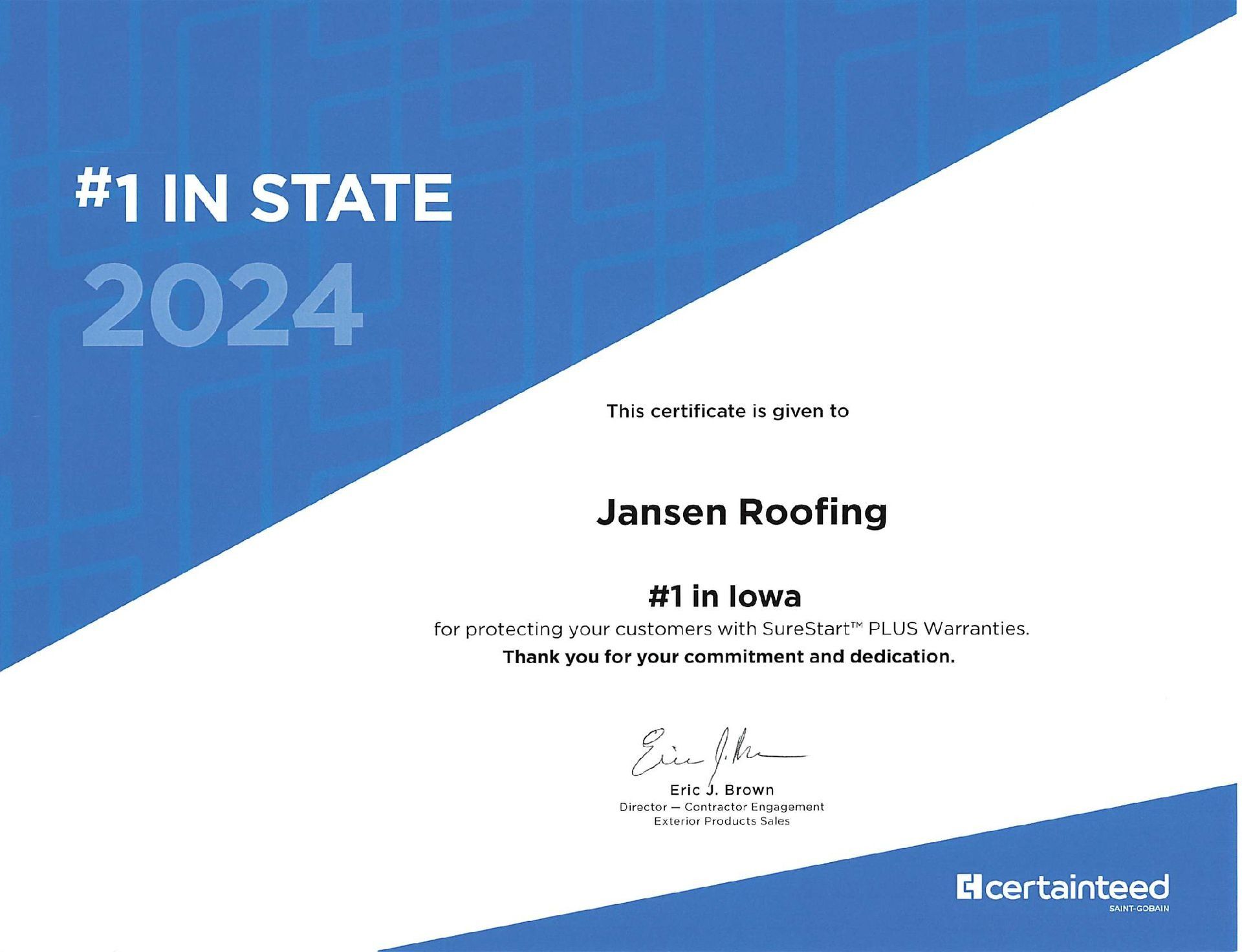 Certificate for Jansen Roofing,