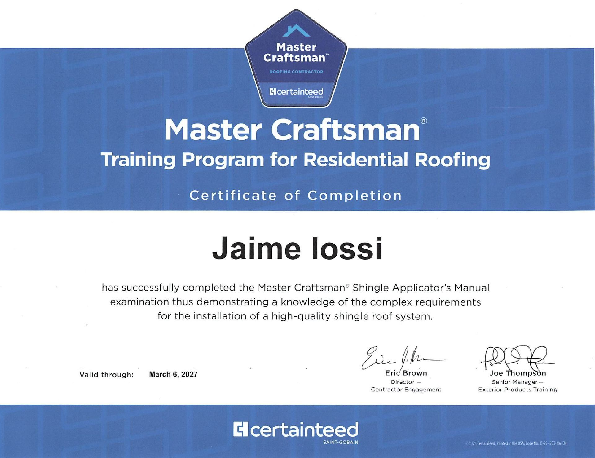 Certificate of Completion from CertainTeed for the Master Craftsman Training Program, naming Jaime Iossi.