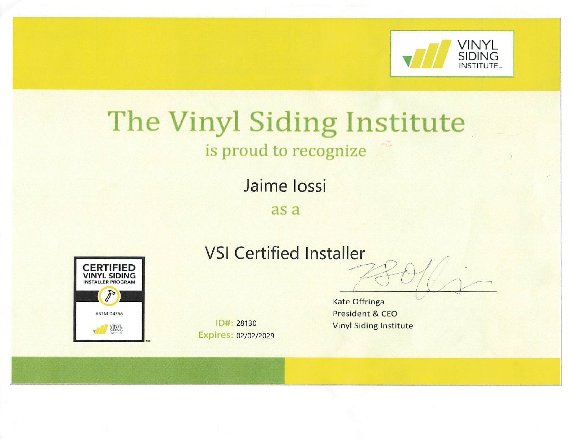 Certificate from The Vinyl Siding Institute recognizing Jaime Iossi as a VSI Certified Installer.