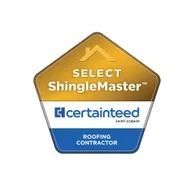 CertainTeed Select ShingleMaster Roofing Contractor badge, gold, white, and blue, pentagon shape.
