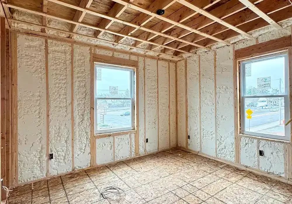 A room with a lot of windows and foam on the walls.