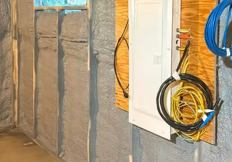 A bunch of wires are hanging on a wall next to a electrical box.
