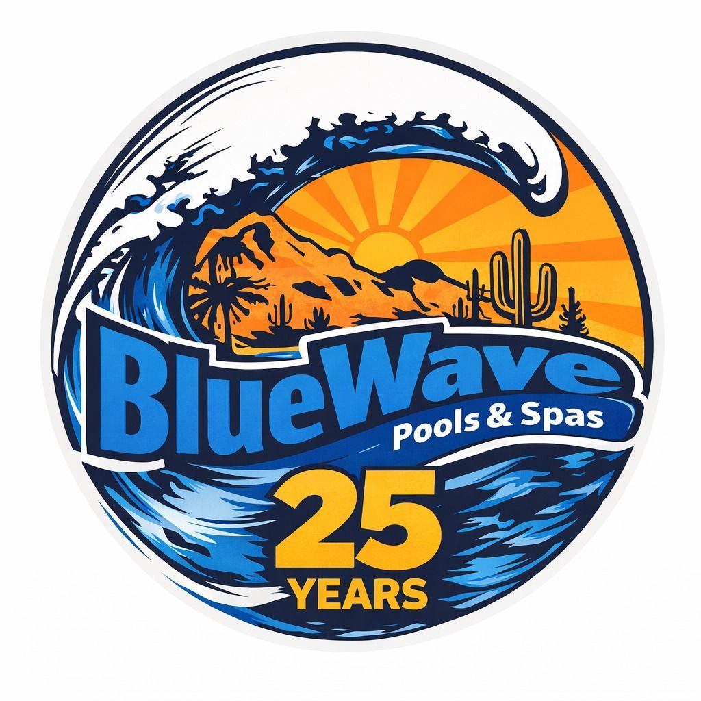 A logo for BlueWave Pools & Spas featuring a large blue wave, a desert landscape with a cactus, and the text