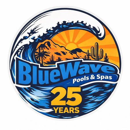 A logo for BlueWave Pools & Spas featuring a large blue wave, a desert landscape with a cactus, and the text