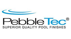 Pebble Tec logo with blue water swirls above text: