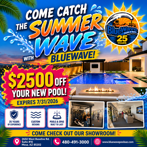 Blue Wave Pools summer sale ad with $2500 off new pools, pool photos, showroom, and contact details