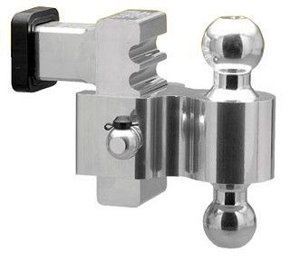 A close up of a chrome trailer hitch on a white background