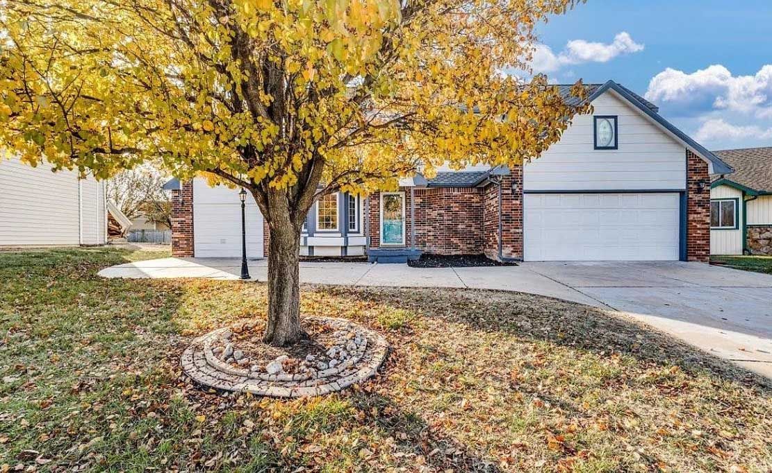 A house with a tree in front of it covered in leaves.