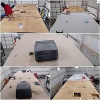 A collage of pictures of a roof being built on a trailer.