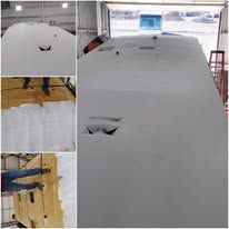 A collage of pictures of a boat being built in a garage.