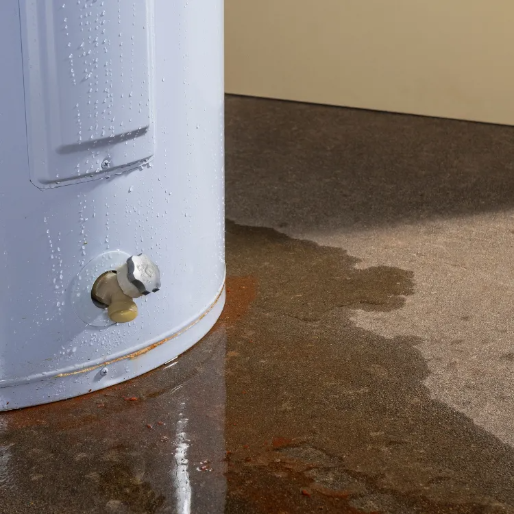Water leaking from the base of a light-colored water heater onto a concrete floor.