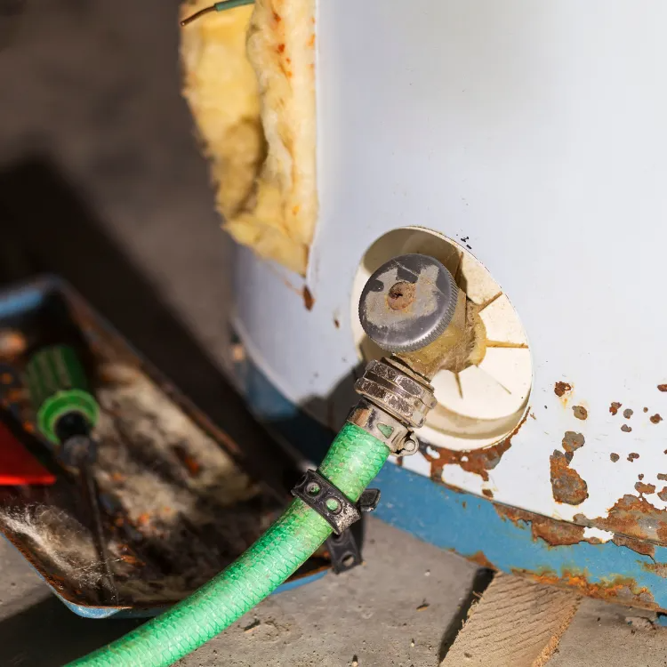 A green garden hose is attached to the drain valve of a rusty, insulated white water heater.