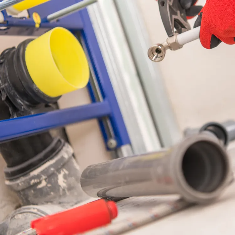A worker in red gloves installs plumbing pipes in a wall frame for an in-wall toilet tank.