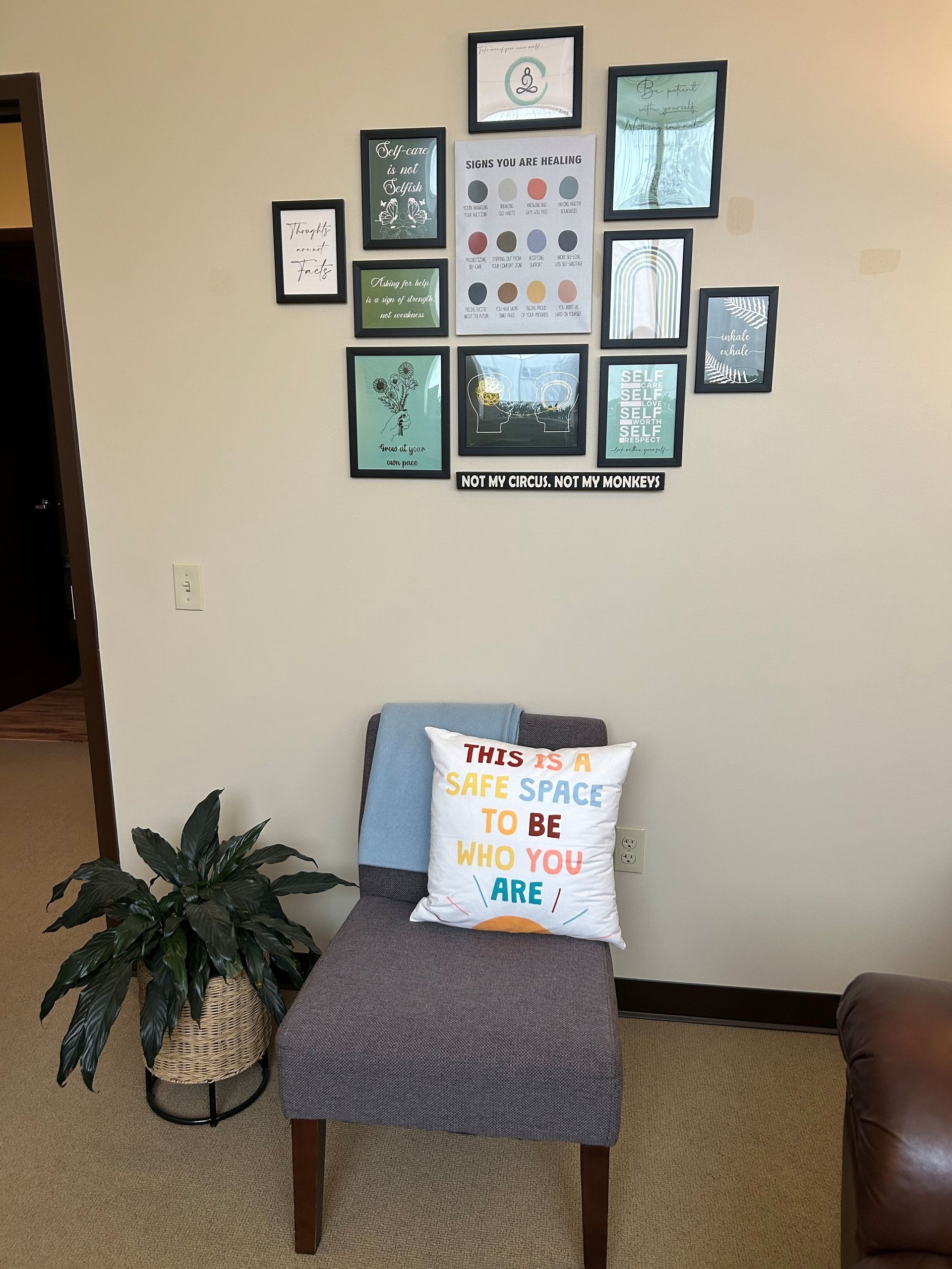 A chair with a pillow that says