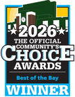 2026 Community’s Choice Awards winner badge, “Best of the Bay,” in blue, black, and white