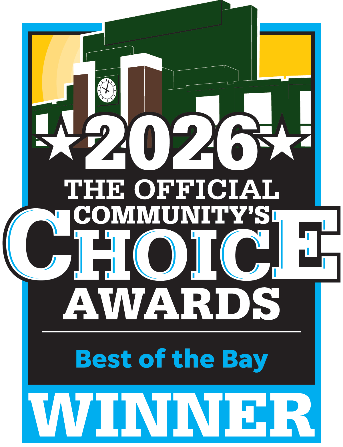 2026 Community’s Choice Awards winner badge, “Best of the Bay,” in blue, black, and white