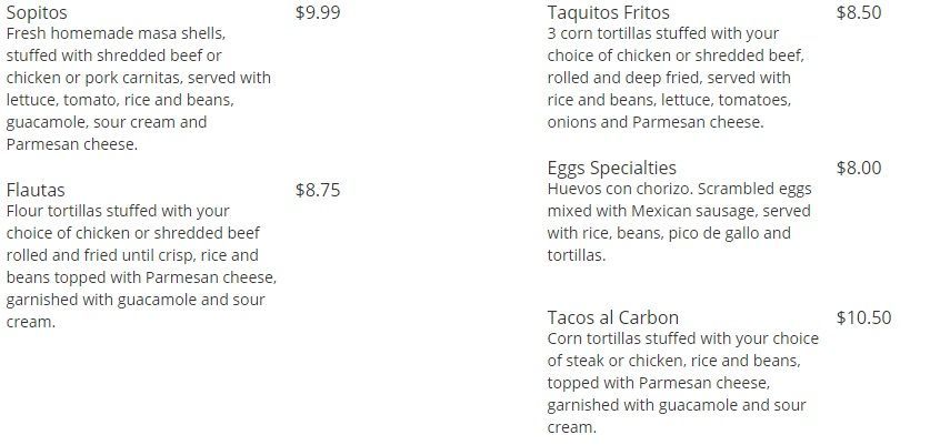 Mexican Favorites - menu