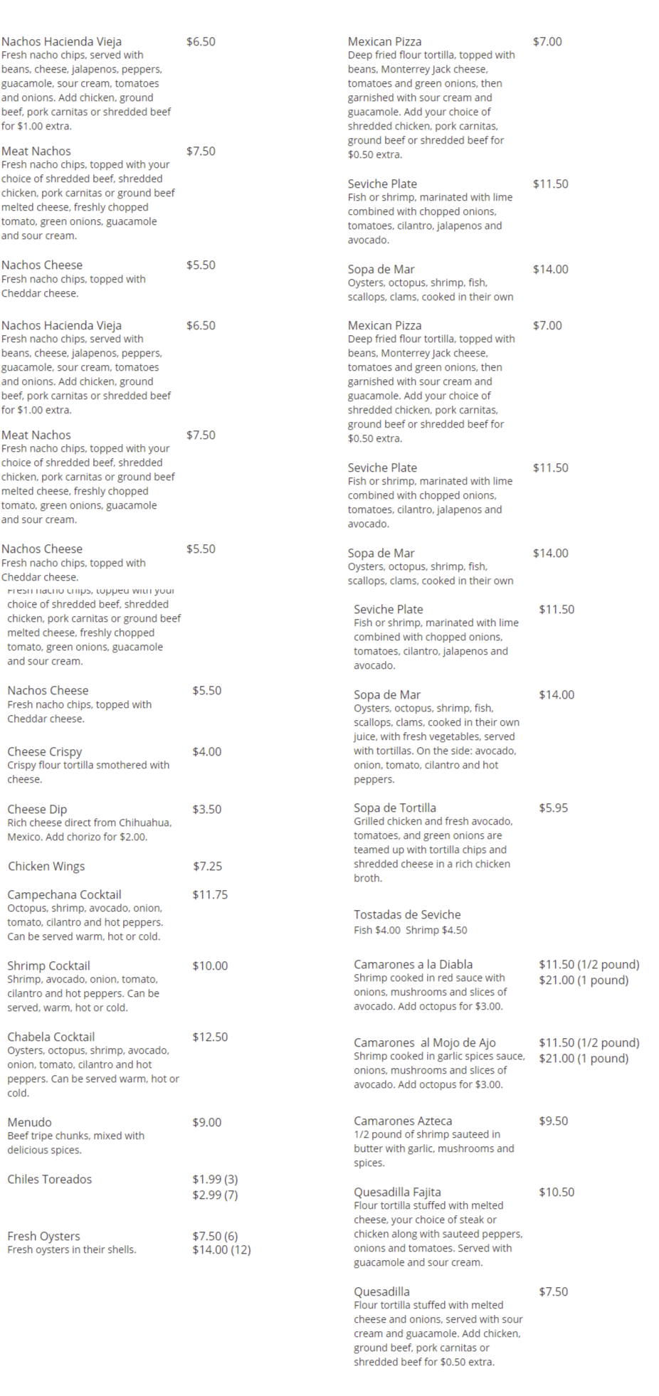 Hacienda Vieja Appetizers Menu Fort Dodge, IA