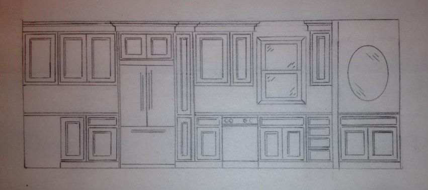Sketch of a kitchen wall, featuring cabinets, refrigerator, window, and an oval-shaped element.