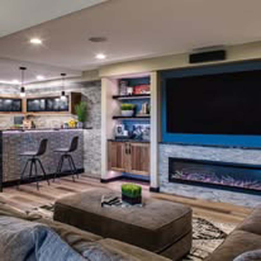 Basement entertainment area with TV, fireplace, bar, seating, and built-in shelving.