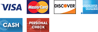 Visa, MasterCard, Discover, American Express, Cash, Personal Check