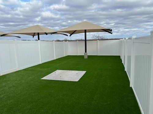 Two umbrellas are sitting on top of a lush green lawn next to a white fence.