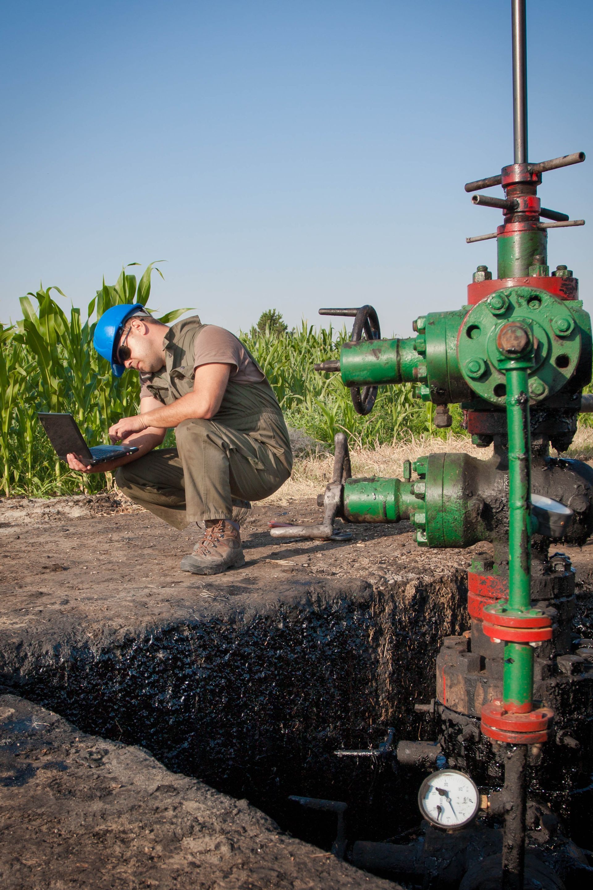 Oil worker with laptop, inspecting wellhead in field. Green equipment, blue hard hat, sunny day.