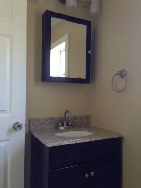 Bathroom with dark blue vanity, sink, mirror, and towel ring.