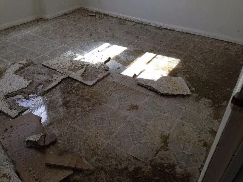 Room with damaged tile flooring, debris, and water. Sunlight illuminates the scene.