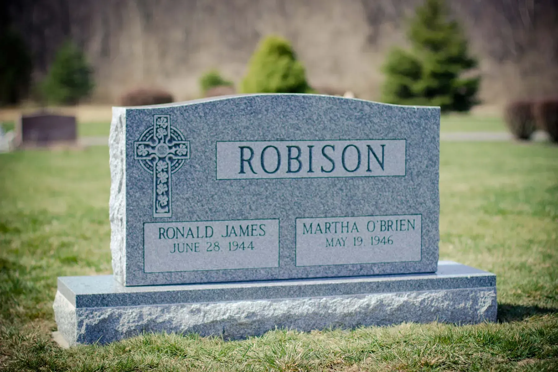 Blue granite Robison gravestone in a grassy cemetery with blurred trees in the background