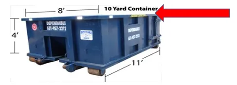 Blue 10-yard dumpster with dimensions: 8' long, 4' high, and 11' wide. Red arrow points to container label.