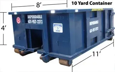 Blue 10-yard dumpster with dimensions: 8' long, 4' high, and 11' wide, on wheels.
