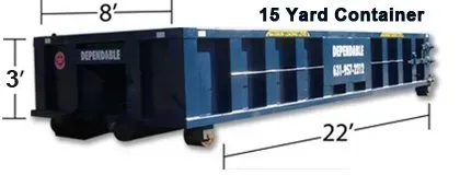A blue 15-yard container with dimensions: 22 feet long, 8 feet wide, and 3 feet high.