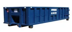 Blue dumpster on wheels.