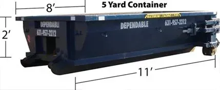 Dark blue 5-yard container. Dimensions are 8' wide, 2' high, and 11' long.