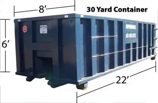 Dark blue 30-yard dumpster with dimensions of 8' width, 6' height, and 22' length. Labeled