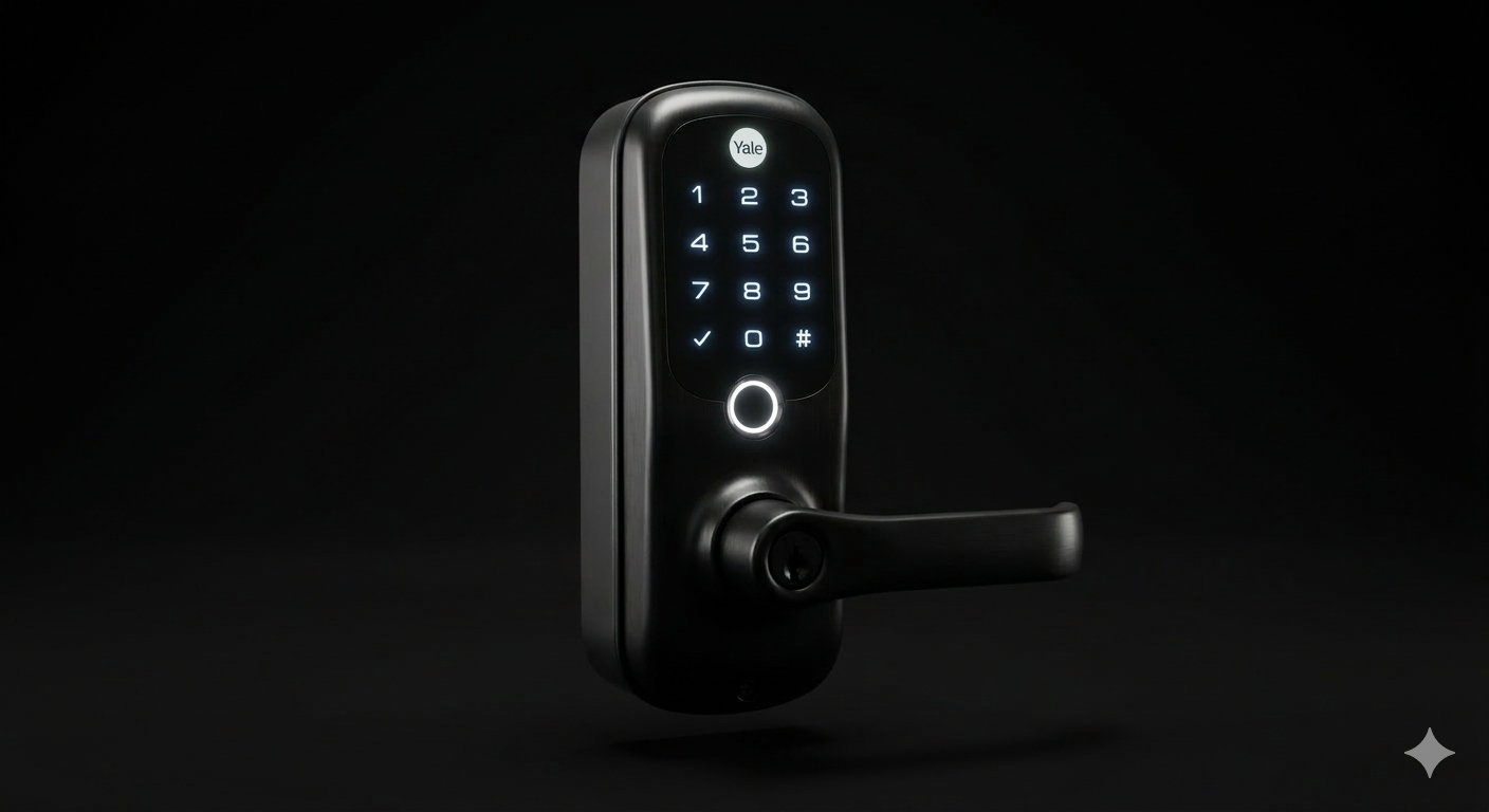 Smart black digital door lock with keypad and handle on a dark background