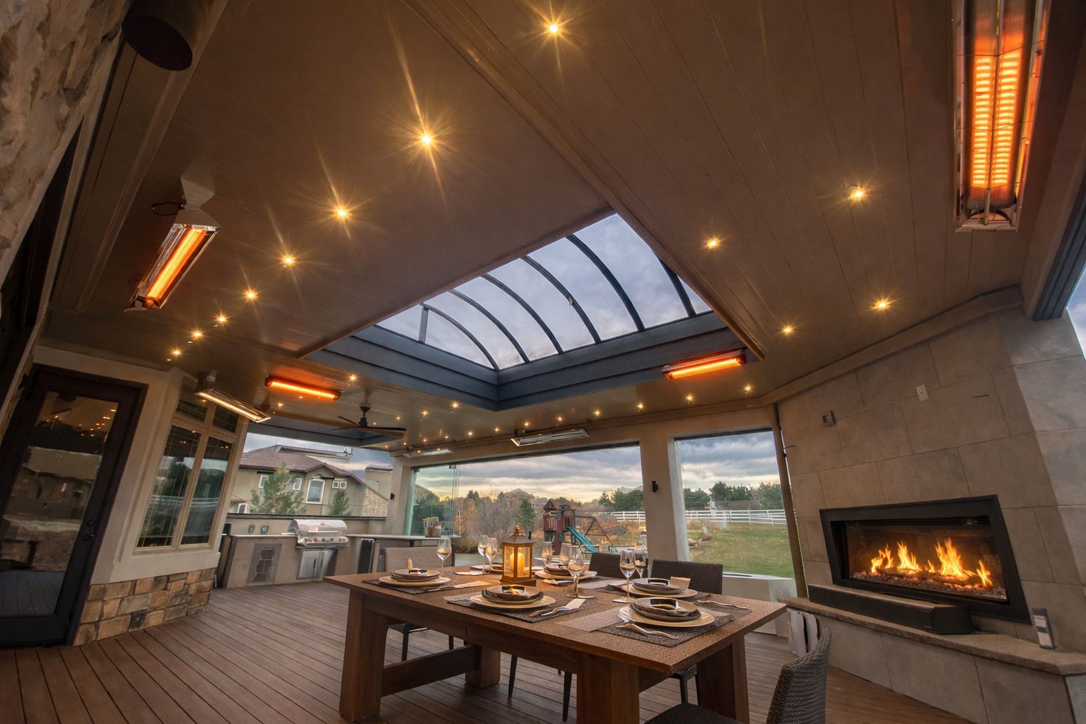 A covered outdoor patio with wood flooring, a fireplace, and a retractable roof panel. It has recessed lighting and heating elements.