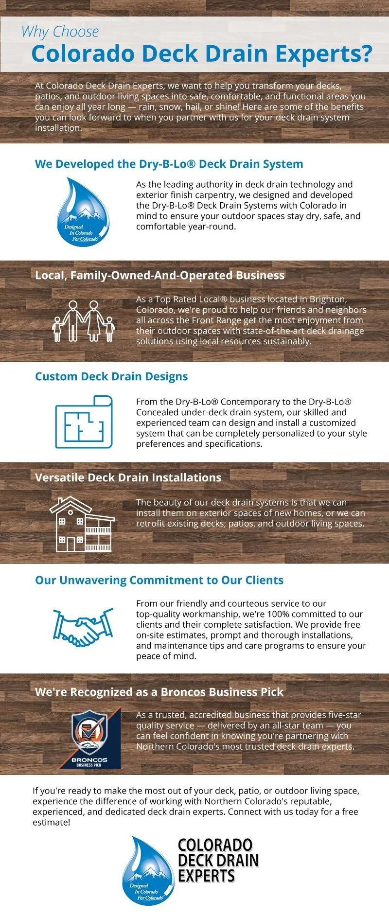 Infographic about Colorado Deck Drain Experts, with a wooden background and blue and white text and graphics highlighting their services.
