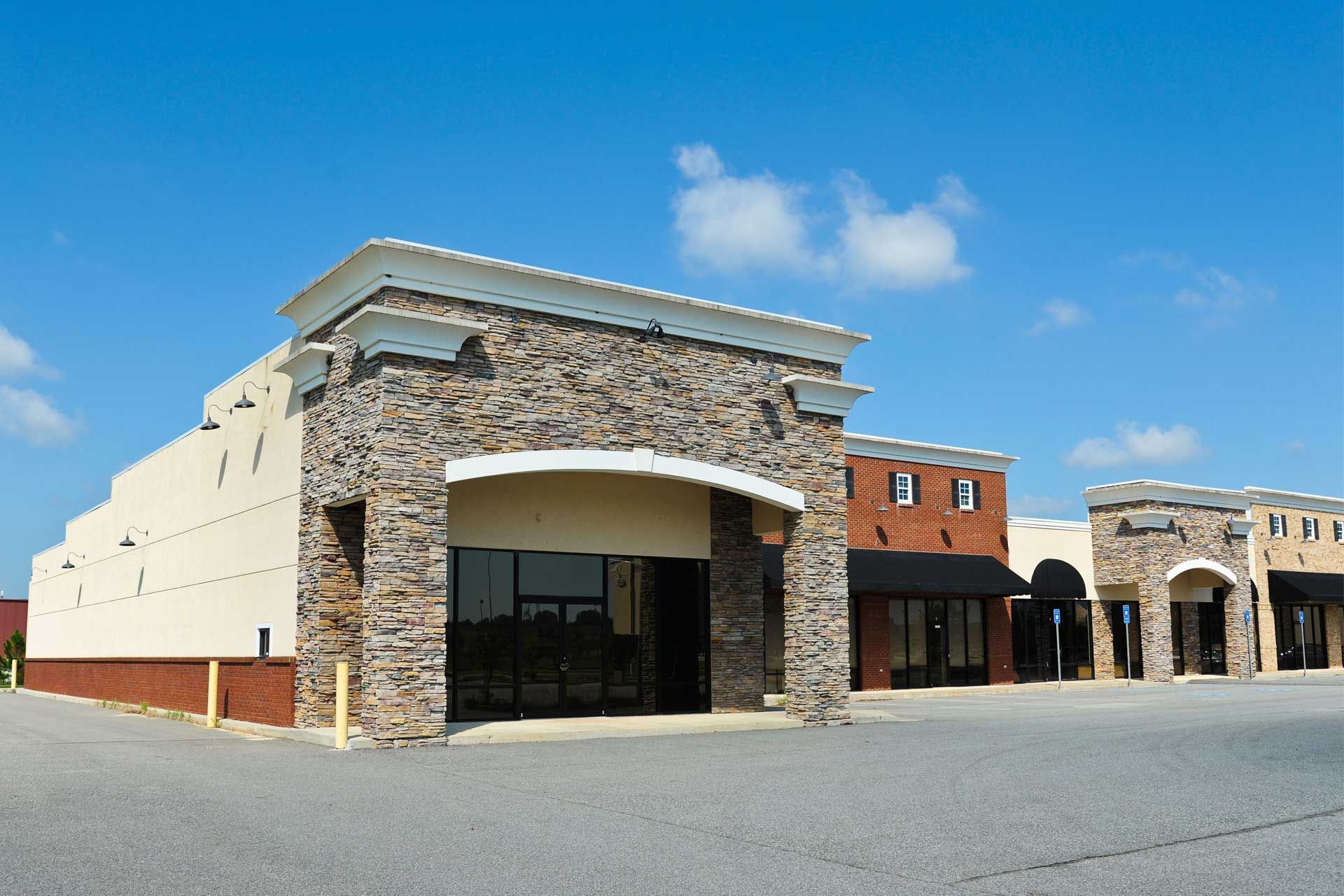 commercial building exteriors, stone and brick facades