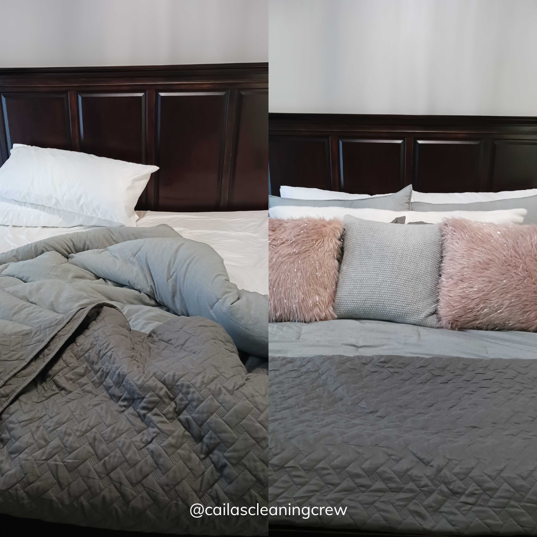 A before and after photo of a bed with a quilt and pillows.