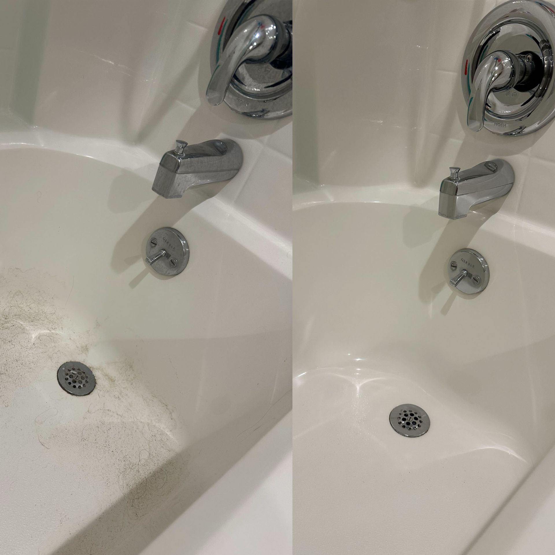 Two pictures of a bathtub before and after being cleaned