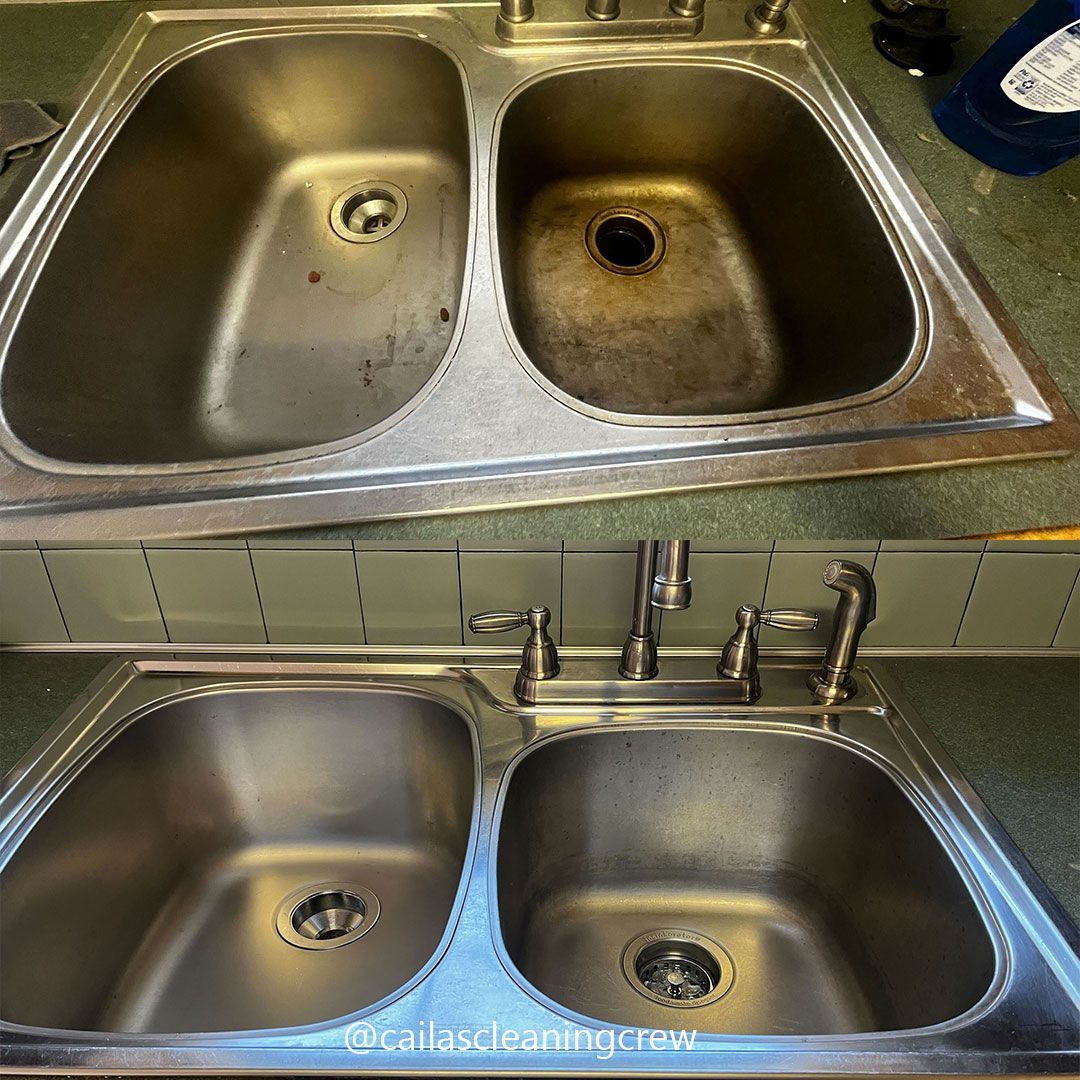 Before and after image of a dirty stainless steel kitchen sink 