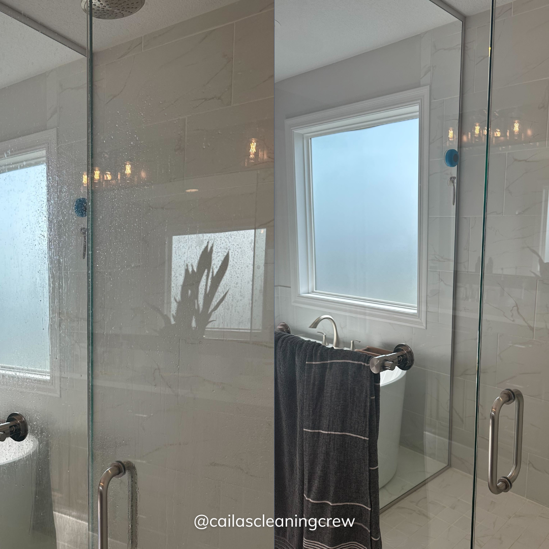 Cleaned glass wall before and after