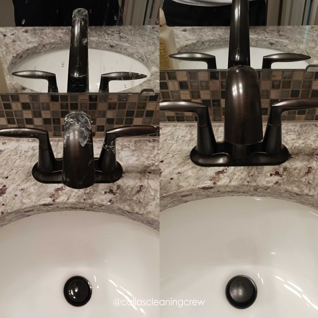 A before and after photo of a bathroom sink faucet.