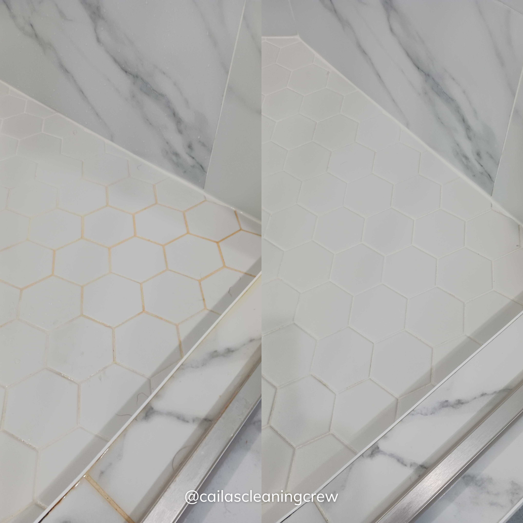a before and after photo of a marble shower floor