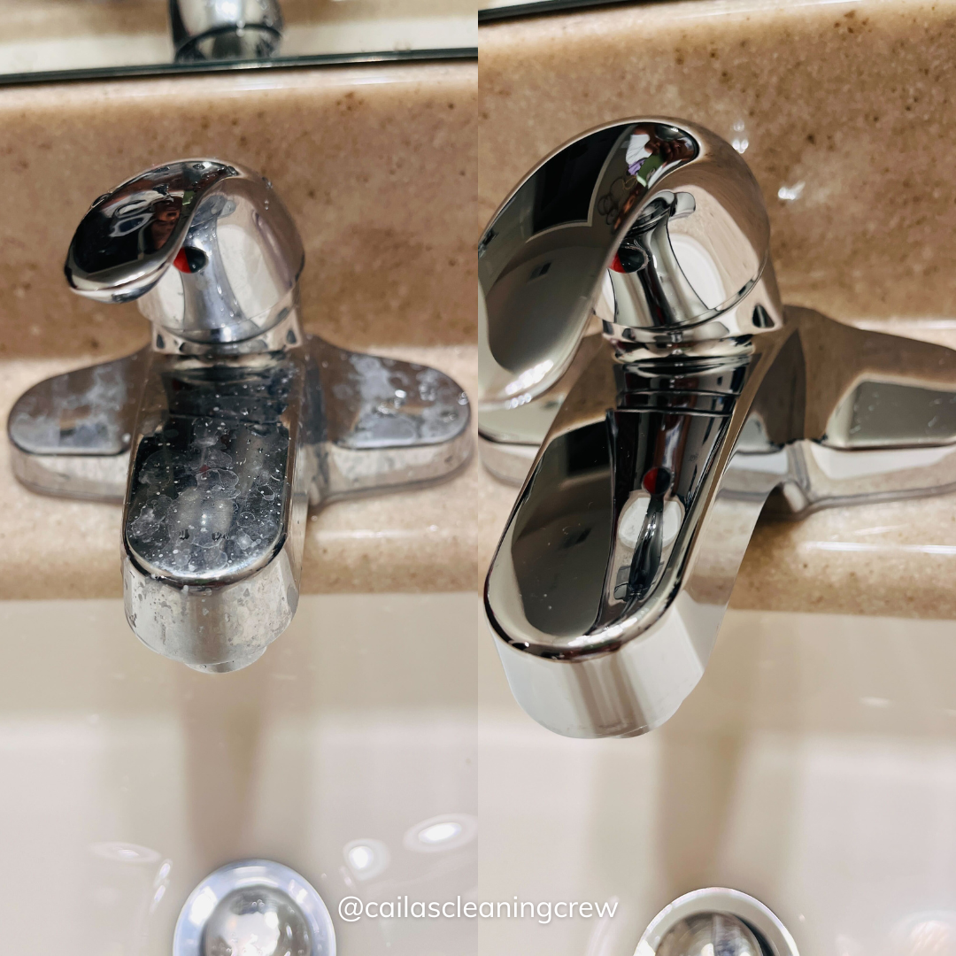 a before and after photo of a bathroom sink faucet