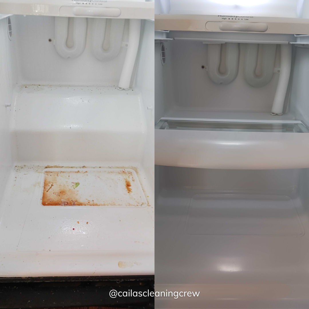 a before and after photo of a dirty refrigerator and a clean refrigerator