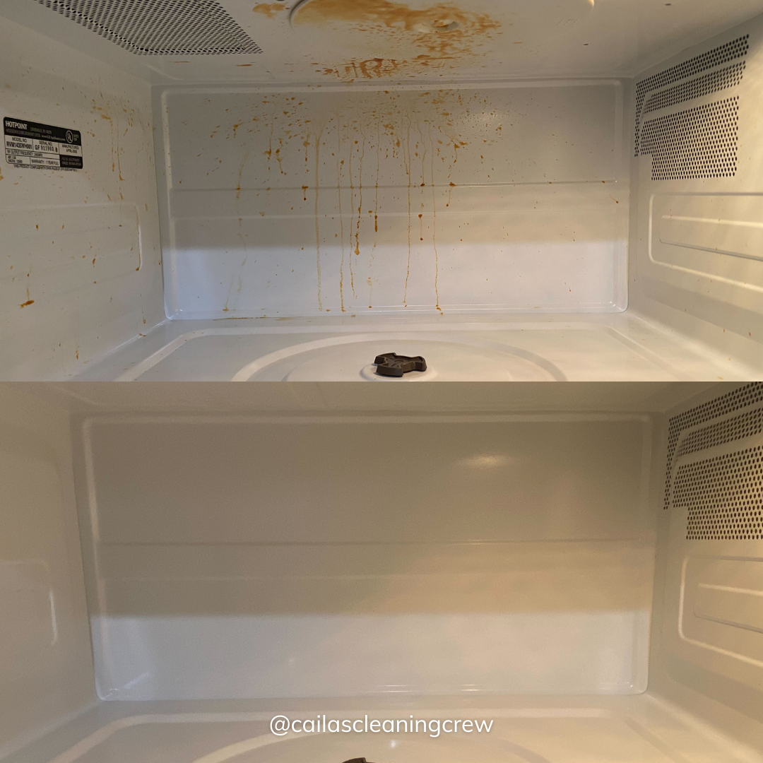 a before and after photo of a microwave oven being cleaned